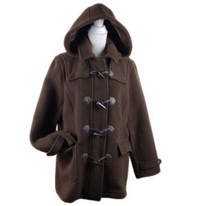 Brooks Brothers Dark Brown 100% Wool Zipper Toggle Hooded Winter Coat